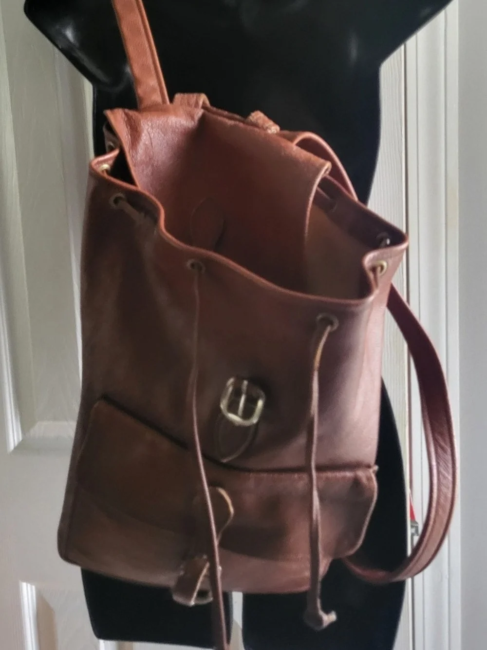 Leather Unisex Drawstring Backpack Brown with Front Buckle Pockets Extra Large